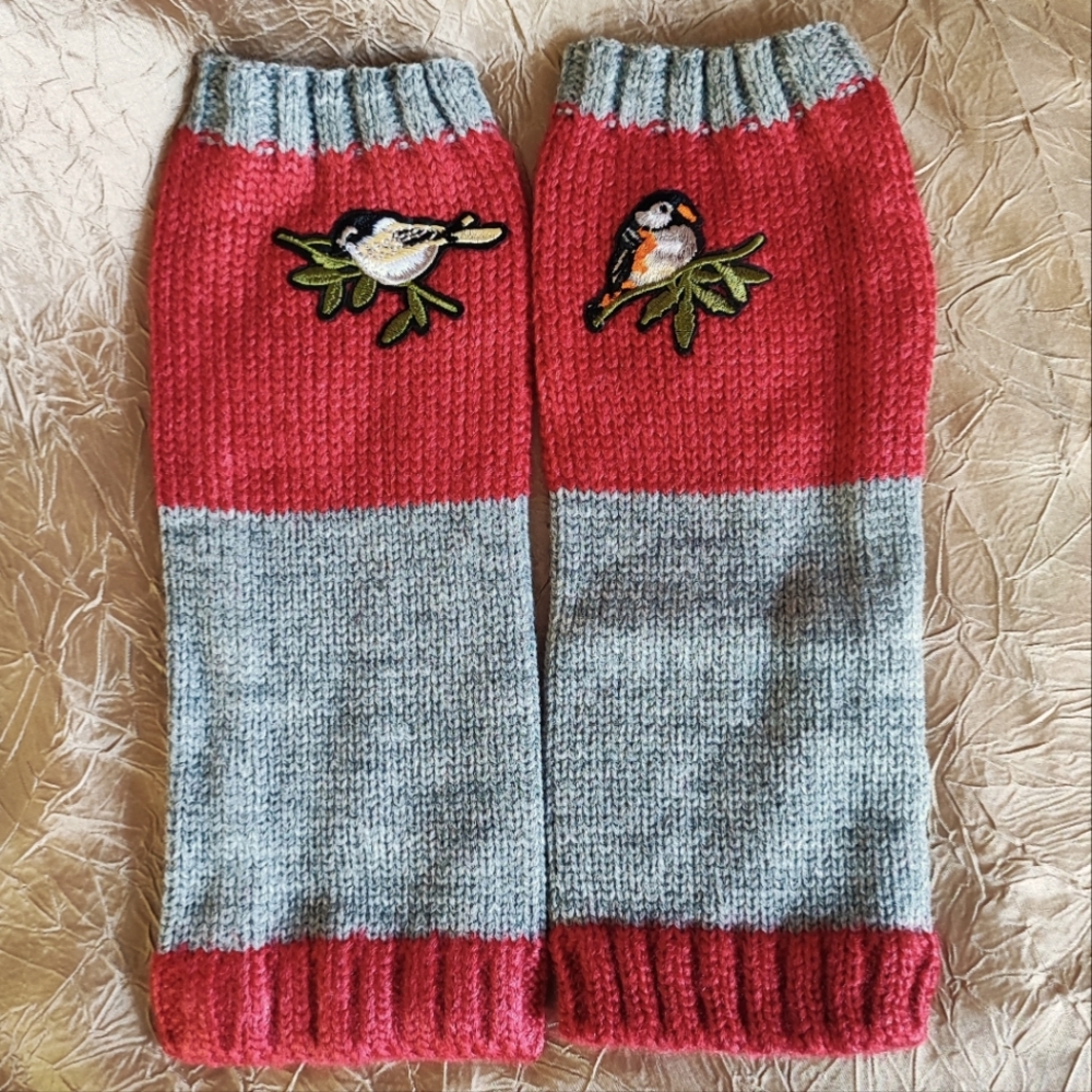 Fingerless Gloves Thumb Holes Red Gray Grey Embroidered Birds Mittens NEW